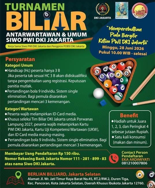SIWO PWI Jaya Gelar Turnamen Biliar Antarwartawan dan Umum Akhir Juni 2026